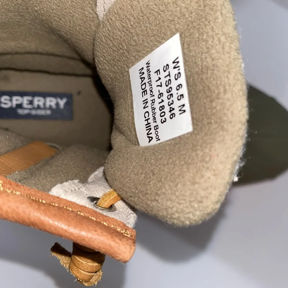 SPERRY Womens Green Duck Rain Boots with Tan Linen Upper Side Closure Size 6 GUC - Picture 5 of 5